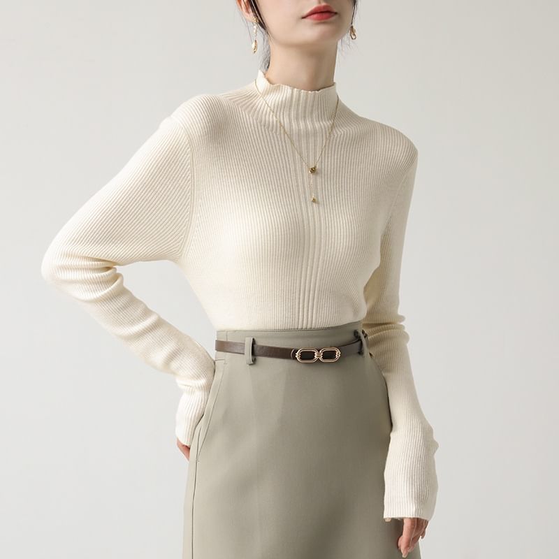 Long Sleeve Mock Neck Plain Ribbed Knit Shirt