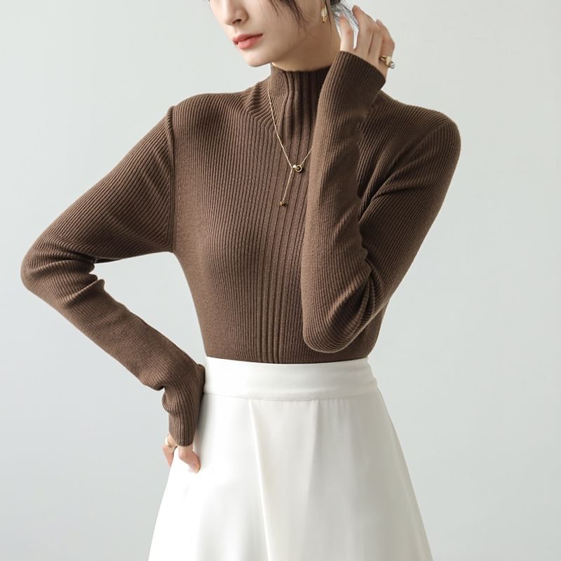 Long Sleeve Mock Neck Plain Ribbed Knit Shirt
