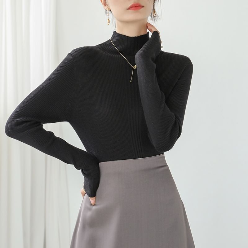 Long Sleeve Mock Neck Plain Ribbed Knit Shirt