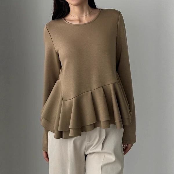 Round Neck Plain Peplum Sweatshirt