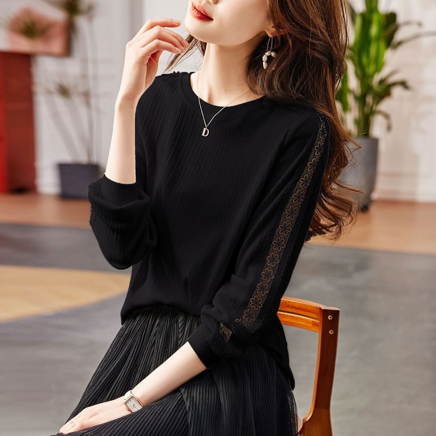 Round Neck Lace Insert Sweatshirt