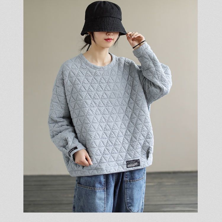 Crew Neck Plain Quilted Pullover Sweater