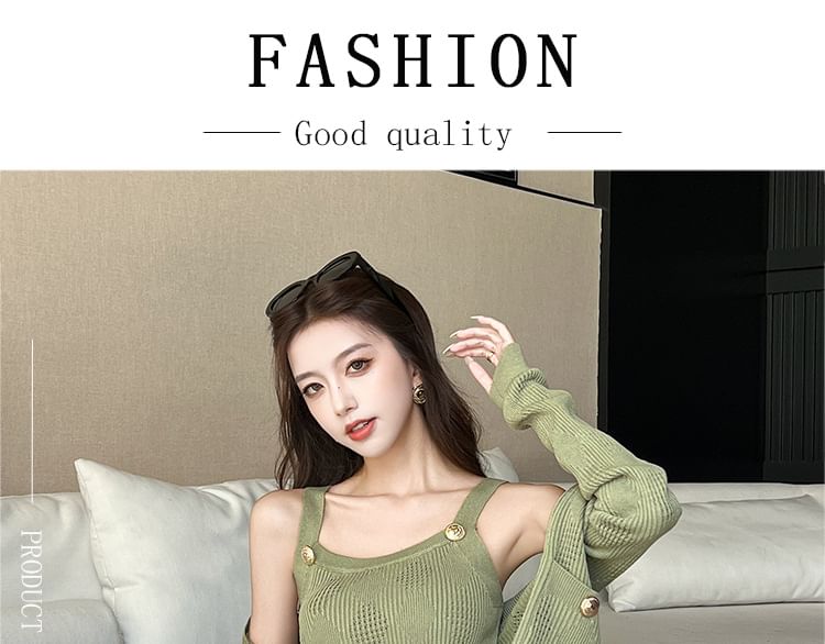 Set: Sleeveless Plain Ribbed Mini Sheath Dress + Round Neck Cardigan