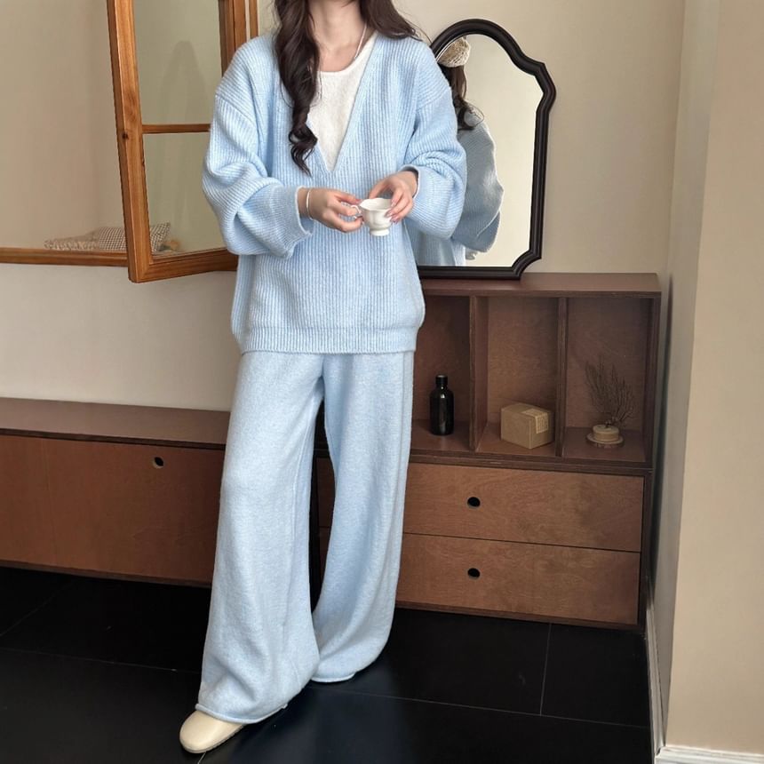 Two-Tone Crew Neck Sweater and High Waist Wide Leg Knit Pants Set