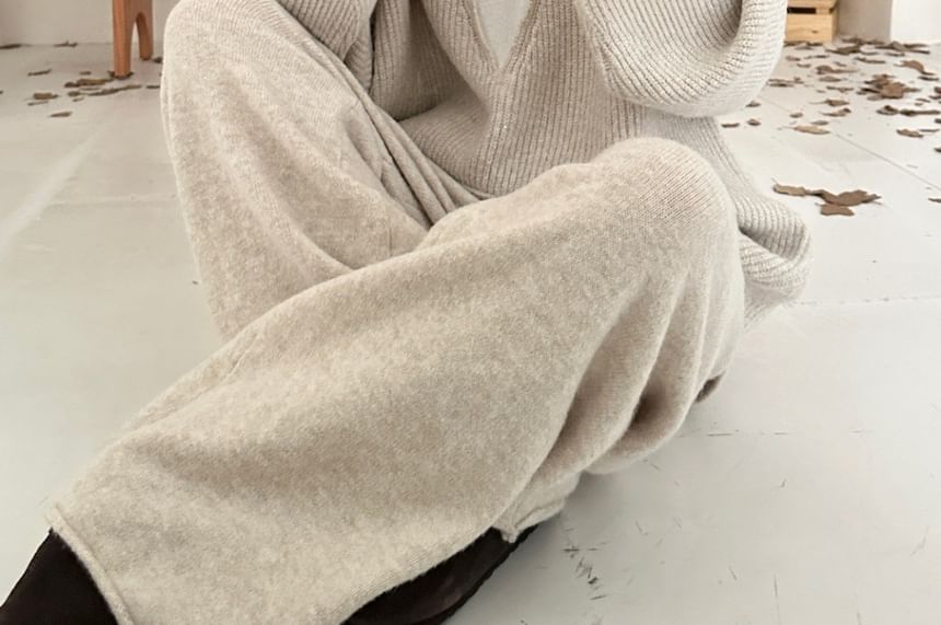 Two-Tone Crew Neck Sweater and High Waist Wide Leg Knit Pants Set