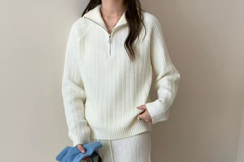 Stand Collar Half-Zip Sweater with Drawstring Wide Leg Pants Set