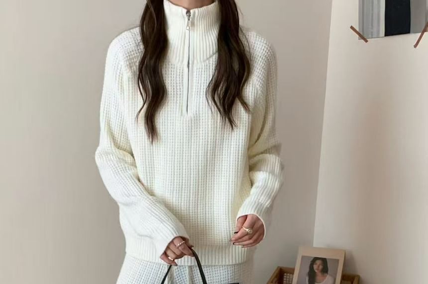Stand Collar Half-Zip Sweater with Drawstring Wide Leg Pants Set