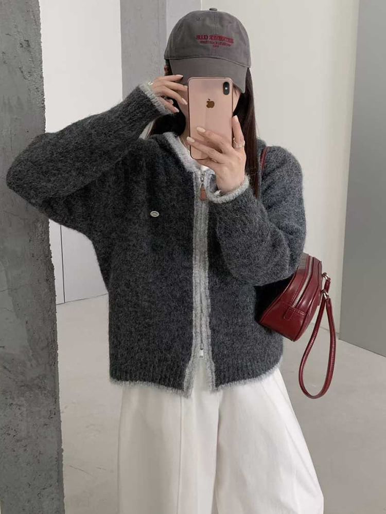 Contrast Trim Zip-Up Knit Hoodie
