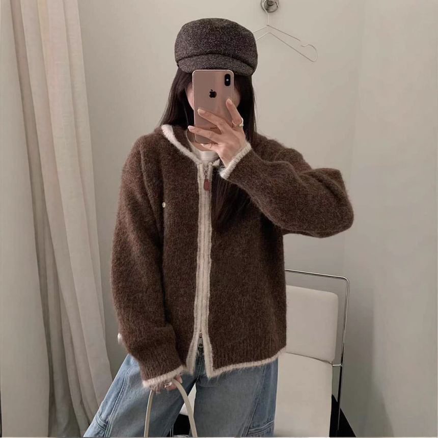 Contrast Trim Zip-Up Knit Hoodie