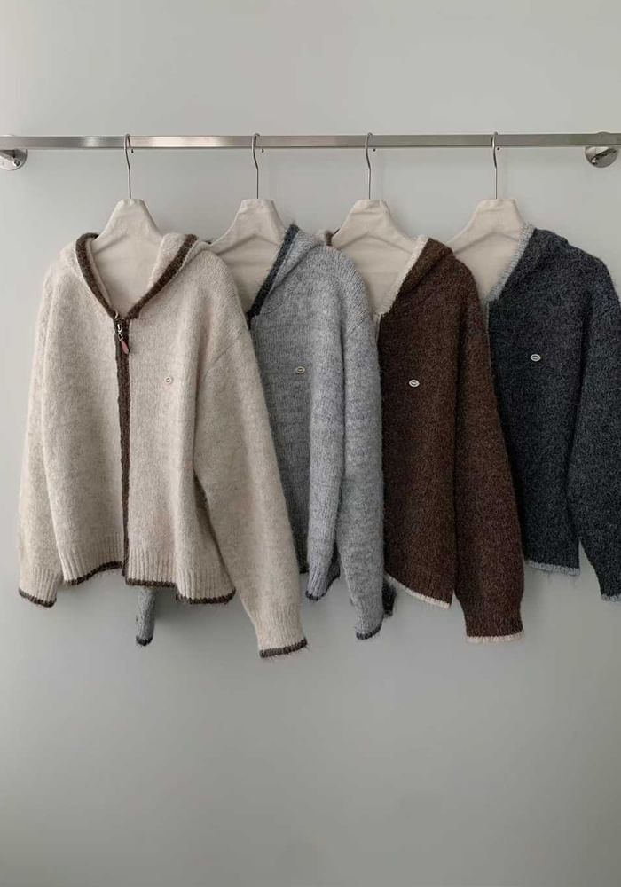 Contrast Trim Zip-Up Knit Hoodie