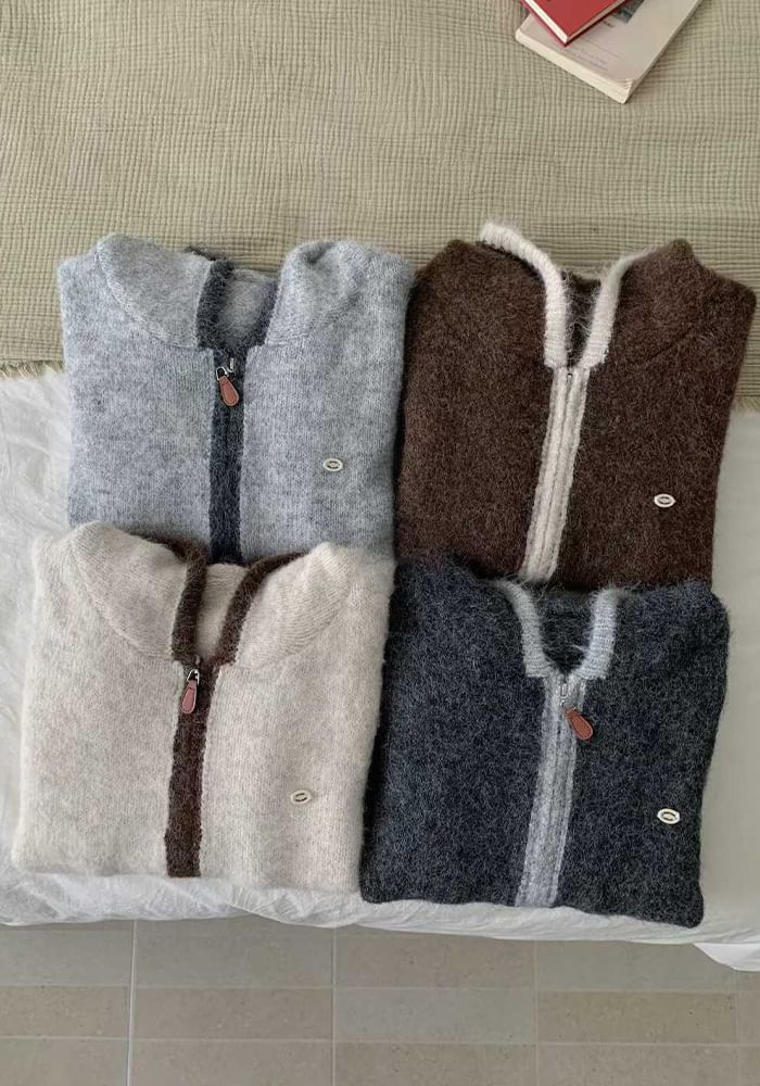 Contrast Trim Zip-Up Knit Hoodie