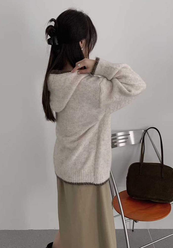 Contrast Trim Zip-Up Knit Hoodie