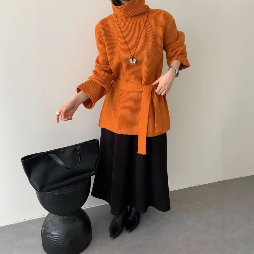Oversized Turtleneck Slit Sweater Set with Belt