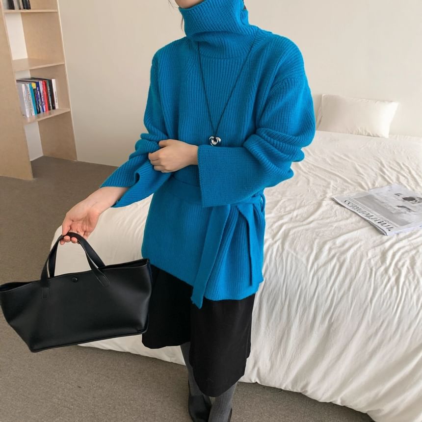 Oversized Turtleneck Slit Sweater Set with Belt