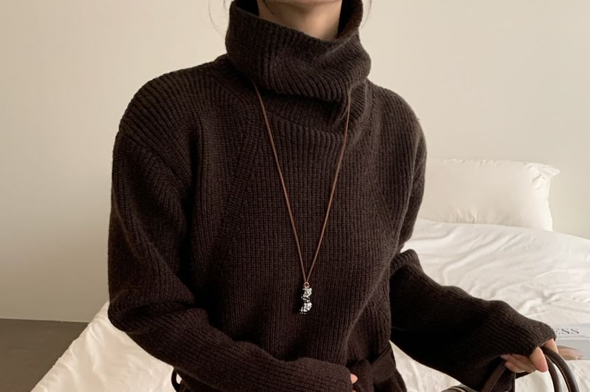 Oversized Turtleneck Slit Sweater Set with Belt