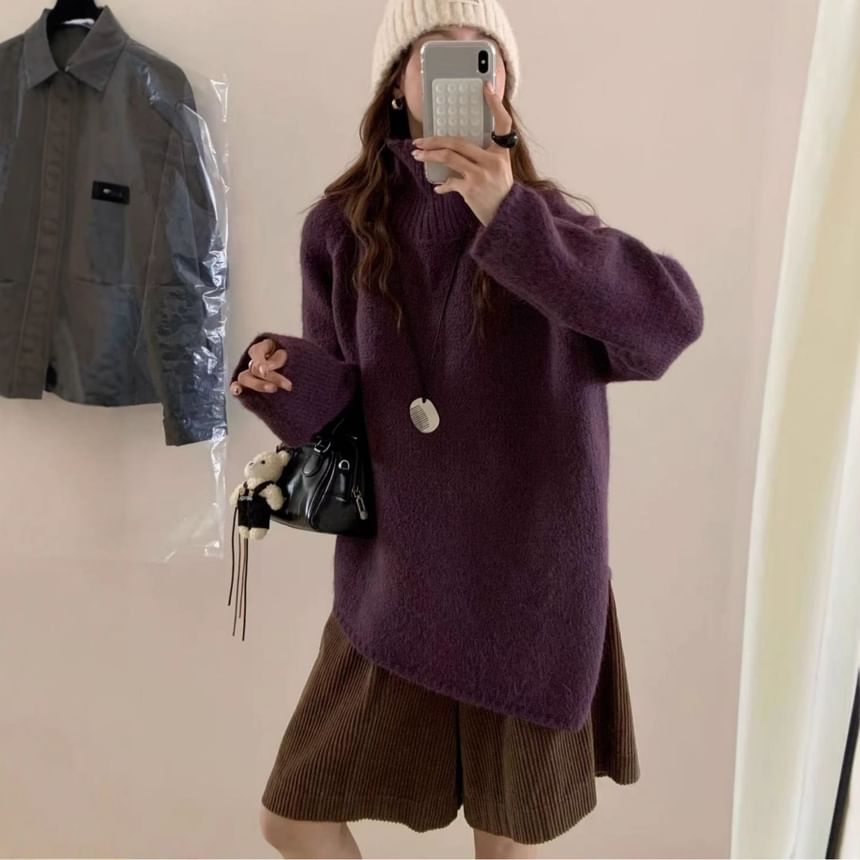 Asymmetrical Slit Turtleneck Oversized Sweater