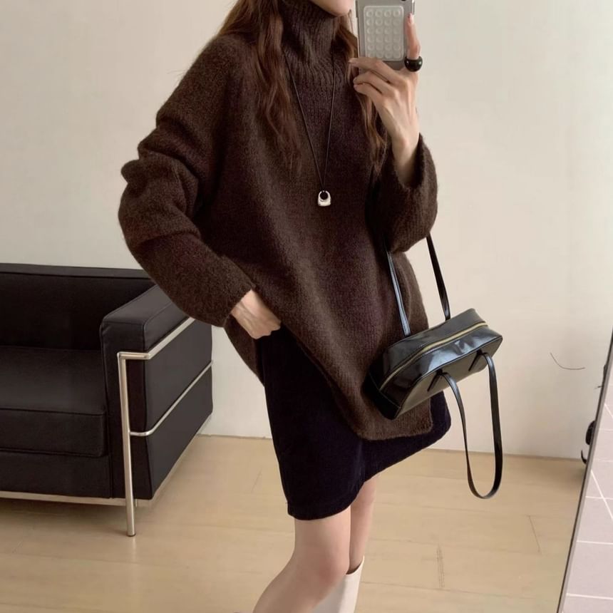 Asymmetrical Slit Turtleneck Oversized Sweater