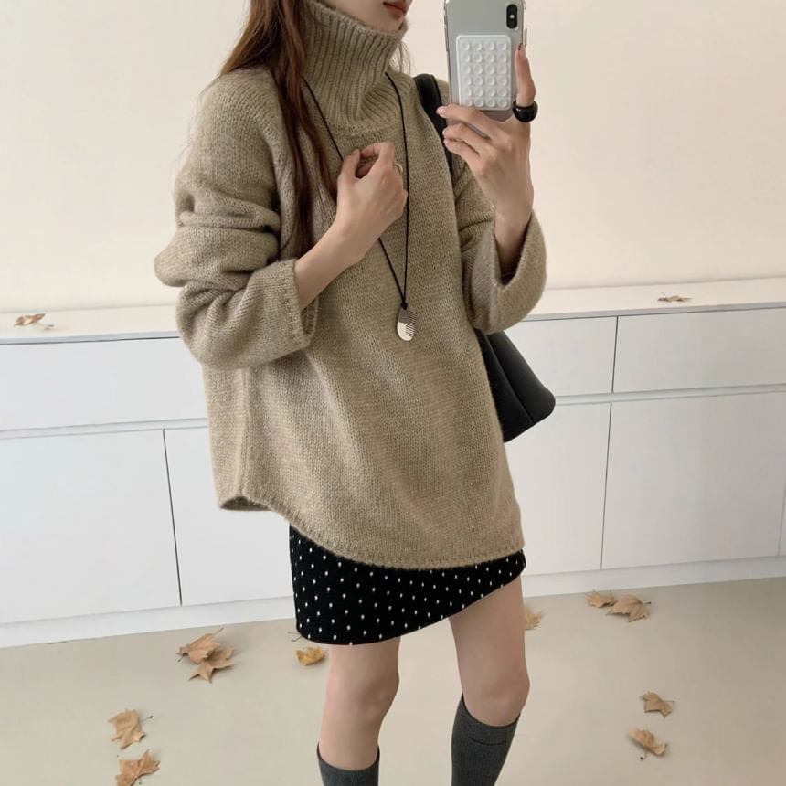Asymmetrical Slit Turtleneck Oversized Sweater