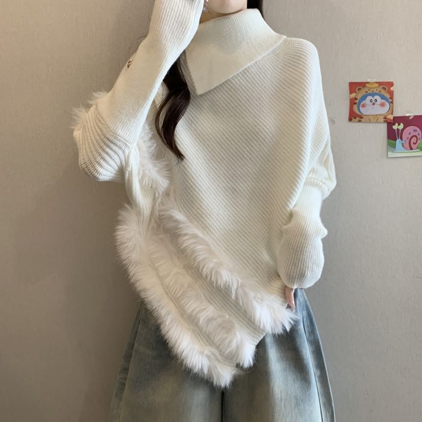 Fluffy Panel Turtleneck Asymmetrical Knit Top Long Sleeve
