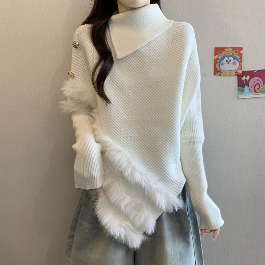 Fluffy Panel Turtleneck Asymmetrical Knit Top Long Sleeve