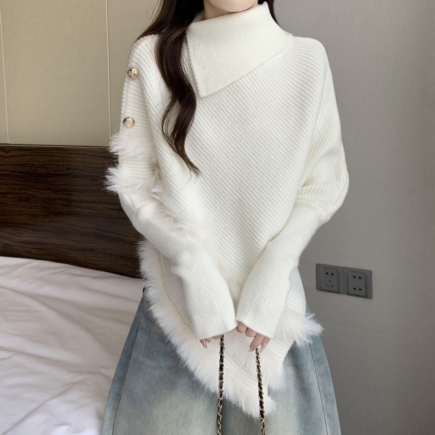 Fluffy Panel Turtleneck Asymmetrical Knit Top Long Sleeve