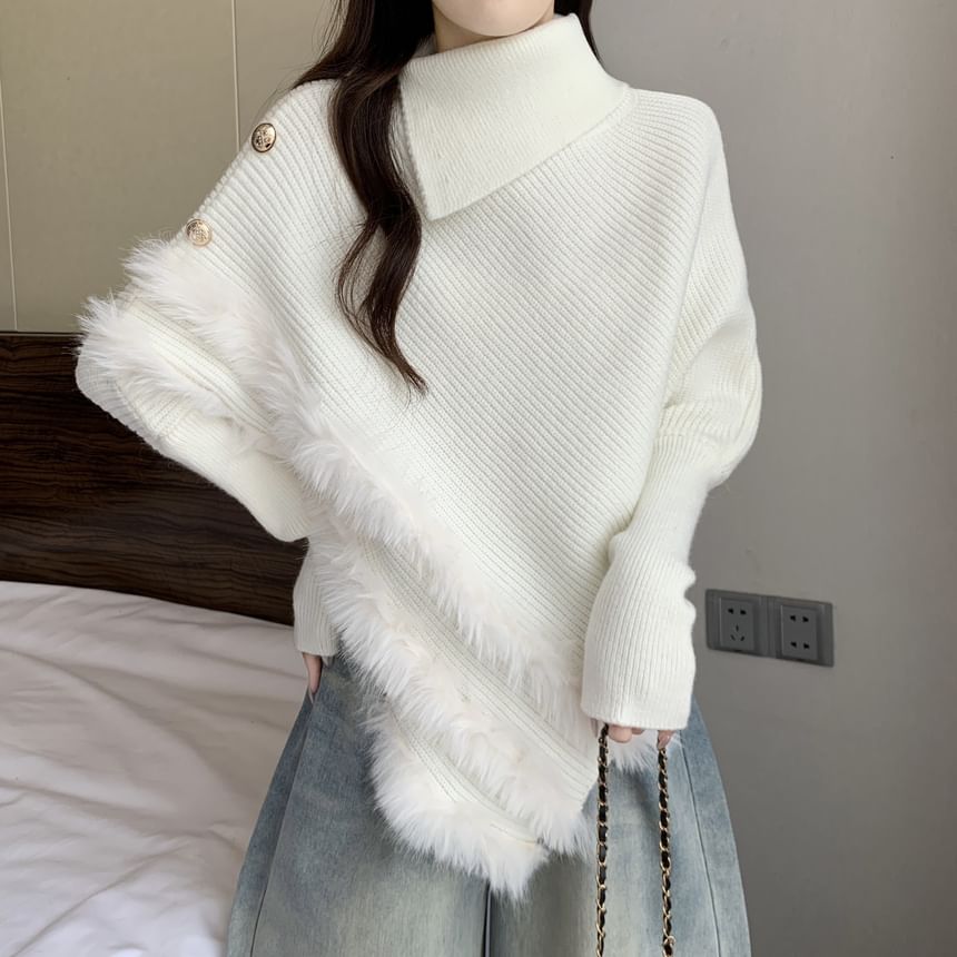 Fluffy Panel Turtleneck Asymmetrical Knit Top Long Sleeve