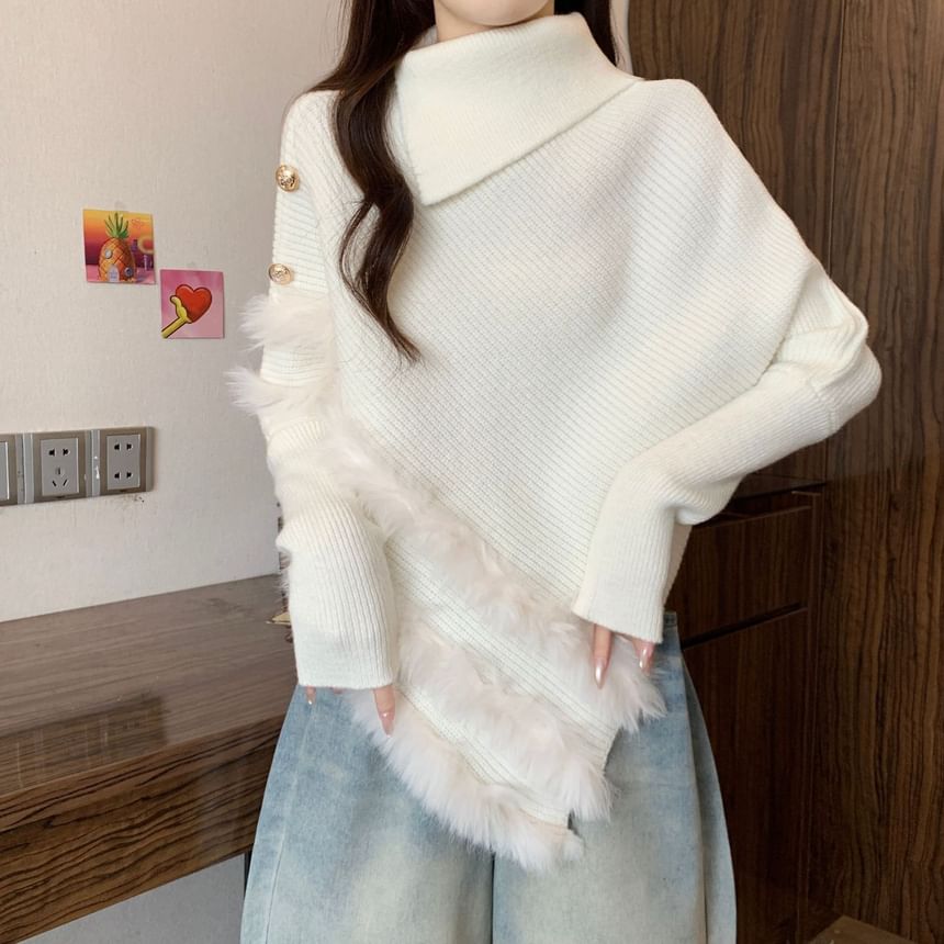 Fluffy Panel Turtleneck Asymmetrical Knit Top Long Sleeve
