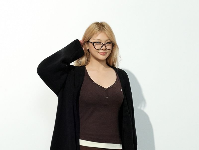 Plus Size V-Neck Plain Long Open Front Cardigan