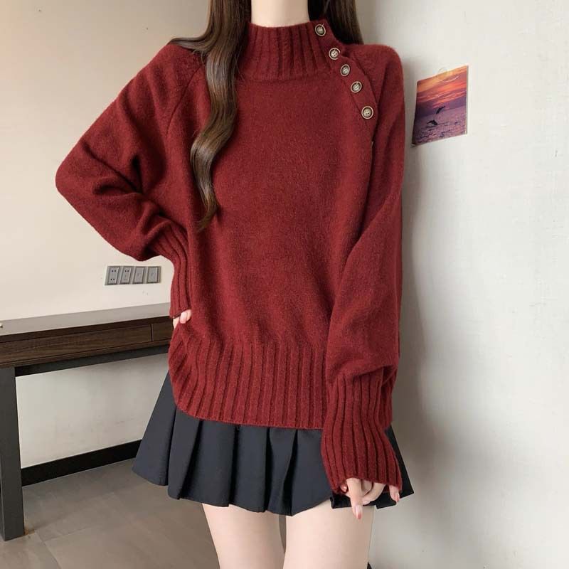 High Neck Button Detail Long Sleeve Knit Sweater