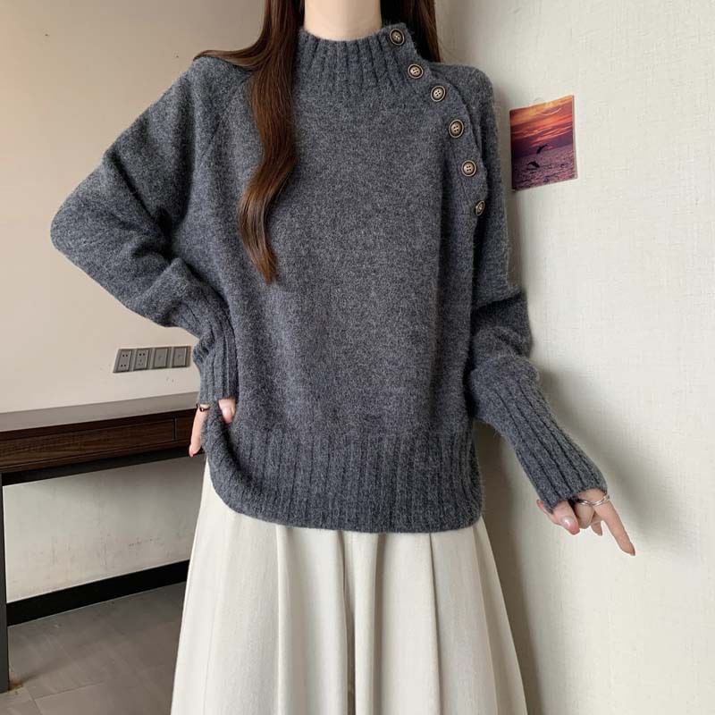 High Neck Button Detail Long Sleeve Knit Sweater