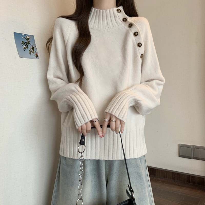 High Neck Button Detail Long Sleeve Knit Sweater