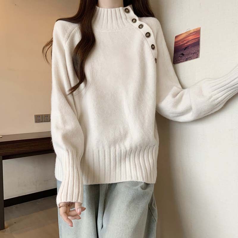 High Neck Button Detail Long Sleeve Knit Sweater