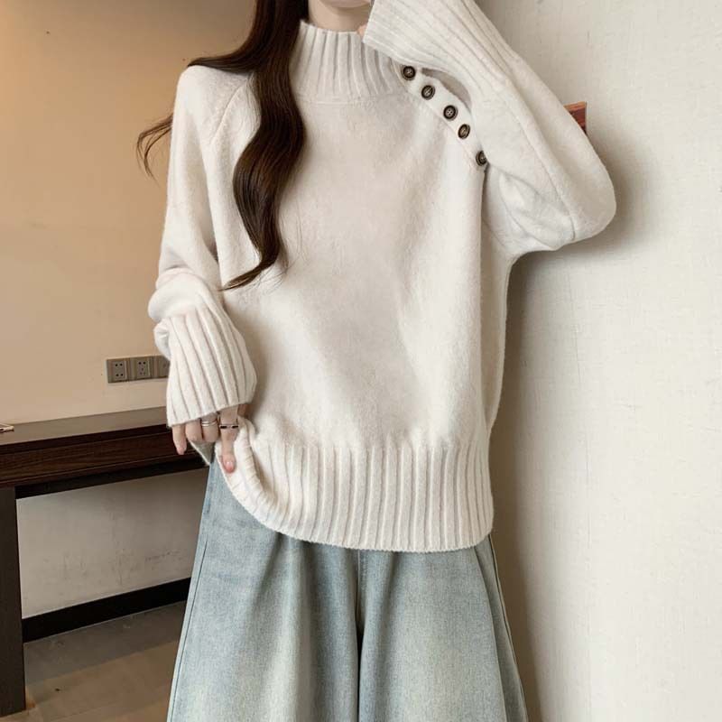 High Neck Button Detail Long Sleeve Knit Sweater