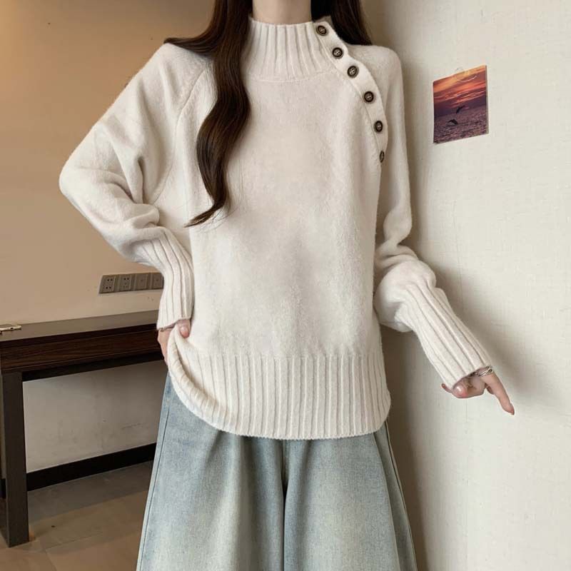 High Neck Button Detail Long Sleeve Knit Sweater