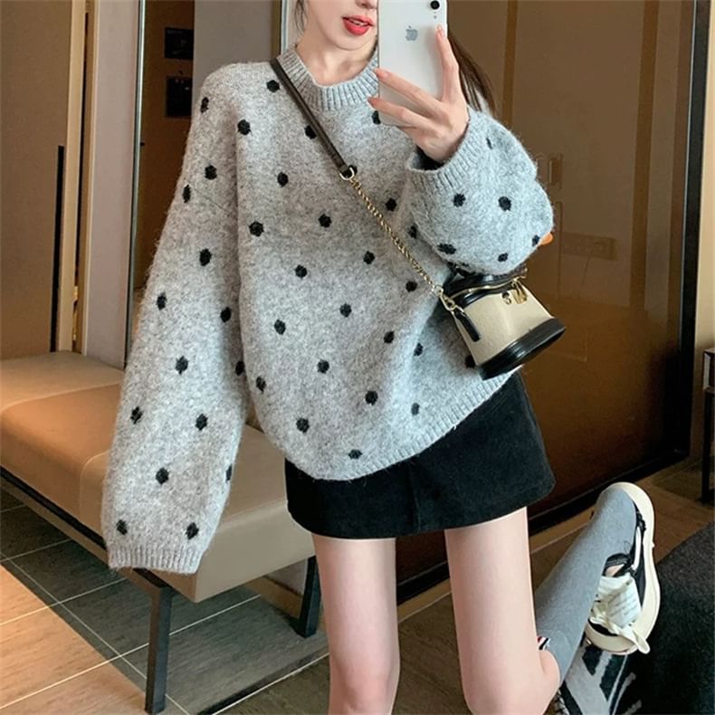 Polka Dot Round Neck Long Sleeve Sweater