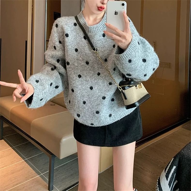 Polka Dot Round Neck Long Sleeve Sweater