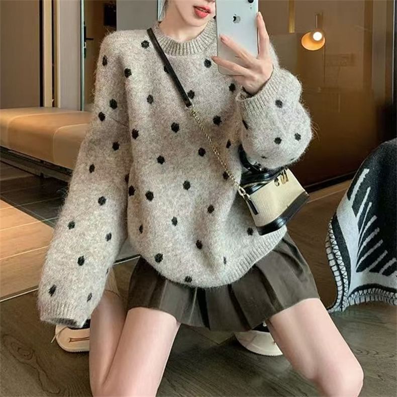 Polka Dot Round Neck Long Sleeve Sweater