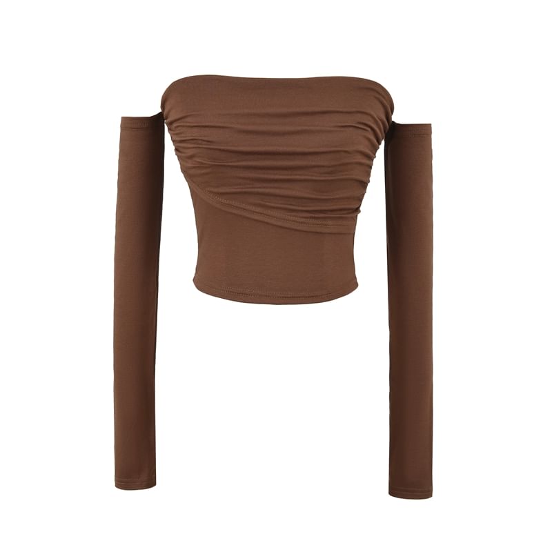 Ruched Long-Sleeve Plain Off-Shoulder T-Shirt