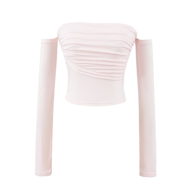 Ruched Long-Sleeve Plain Off-Shoulder T-Shirt