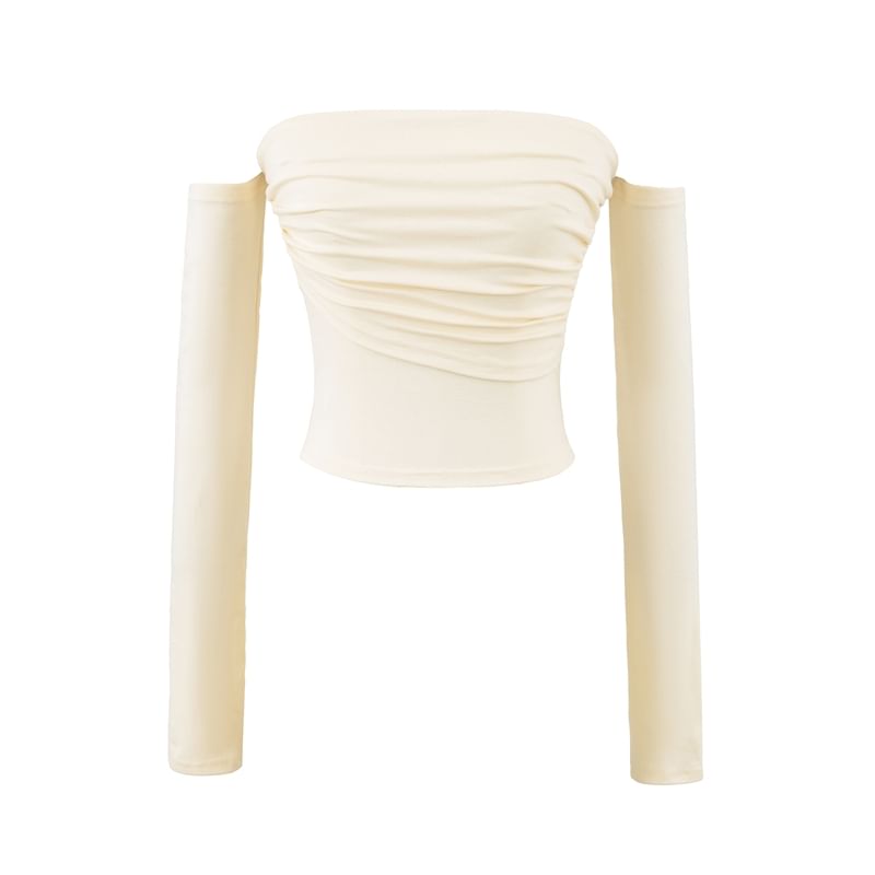 Ruched Long-Sleeve Plain Off-Shoulder T-Shirt
