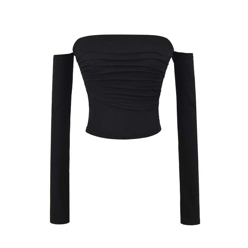 Ruched Long-Sleeve Plain Off-Shoulder T-Shirt