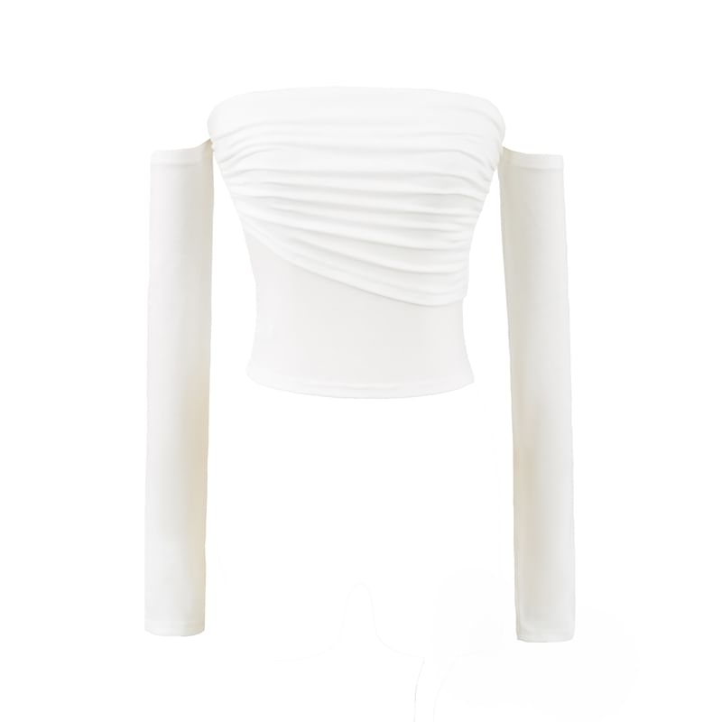 Ruched Long-Sleeve Plain Off-Shoulder T-Shirt