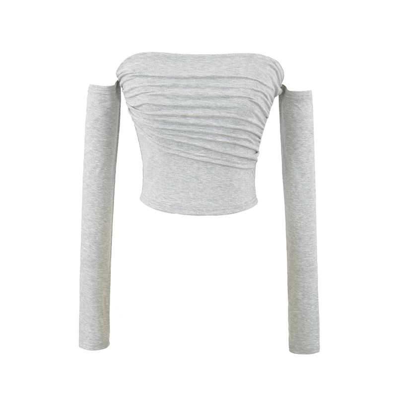 Ruched Long-Sleeve Plain Off-Shoulder T-Shirt