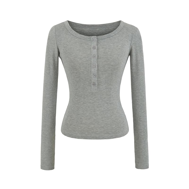 Plain Crop Tee with Scoop Henley Neck and Long Sleeves