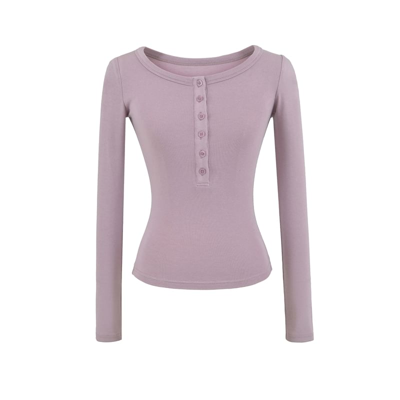 Plain Crop Tee with Scoop Henley Neck and Long Sleeves