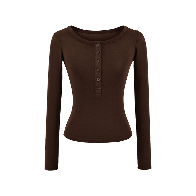 Plain Crop Tee with Scoop Henley Neck and Long Sleeves