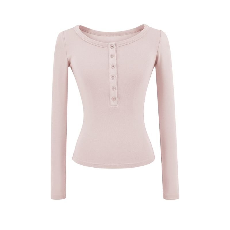 Plain Crop Tee with Scoop Henley Neck and Long Sleeves