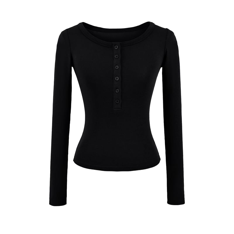 Plain Crop Tee with Scoop Henley Neck and Long Sleeves