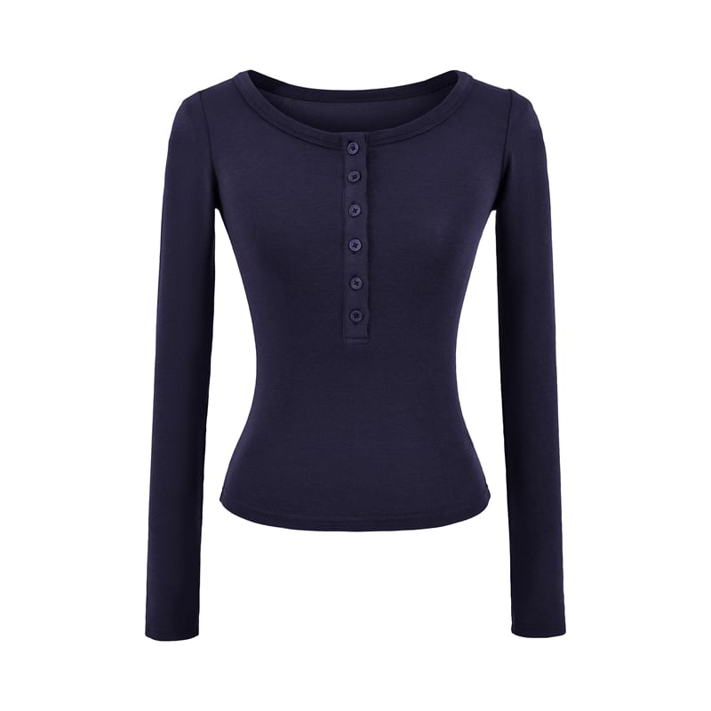 Plain Crop Tee with Scoop Henley Neck and Long Sleeves