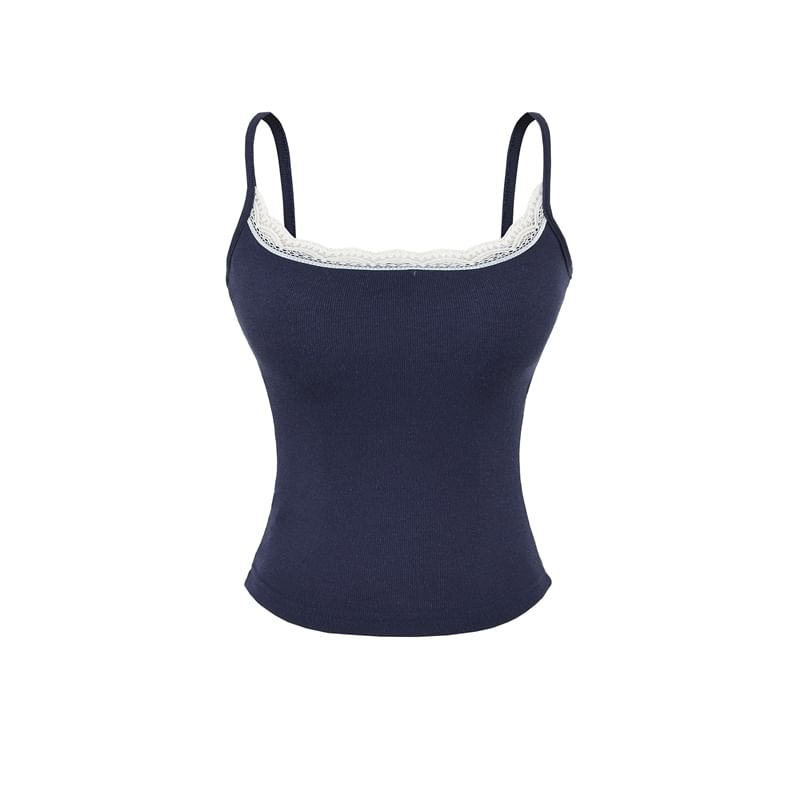 Lace Trim Camisole Top with Spaghetti Straps and Scoop Neck